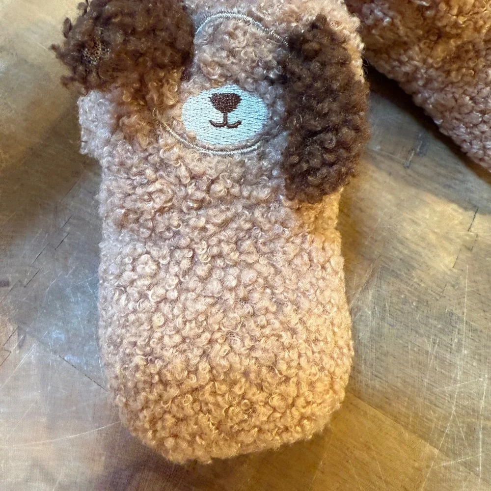 Plush Puppy Baby Slippers in Light Brown Sz 5 Velcro Warm Winter Slip on Shoe